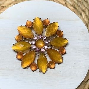 Liz Claiborne Rhinestone Flower Brooch, Golden Yellow and Pink.  1.75”
